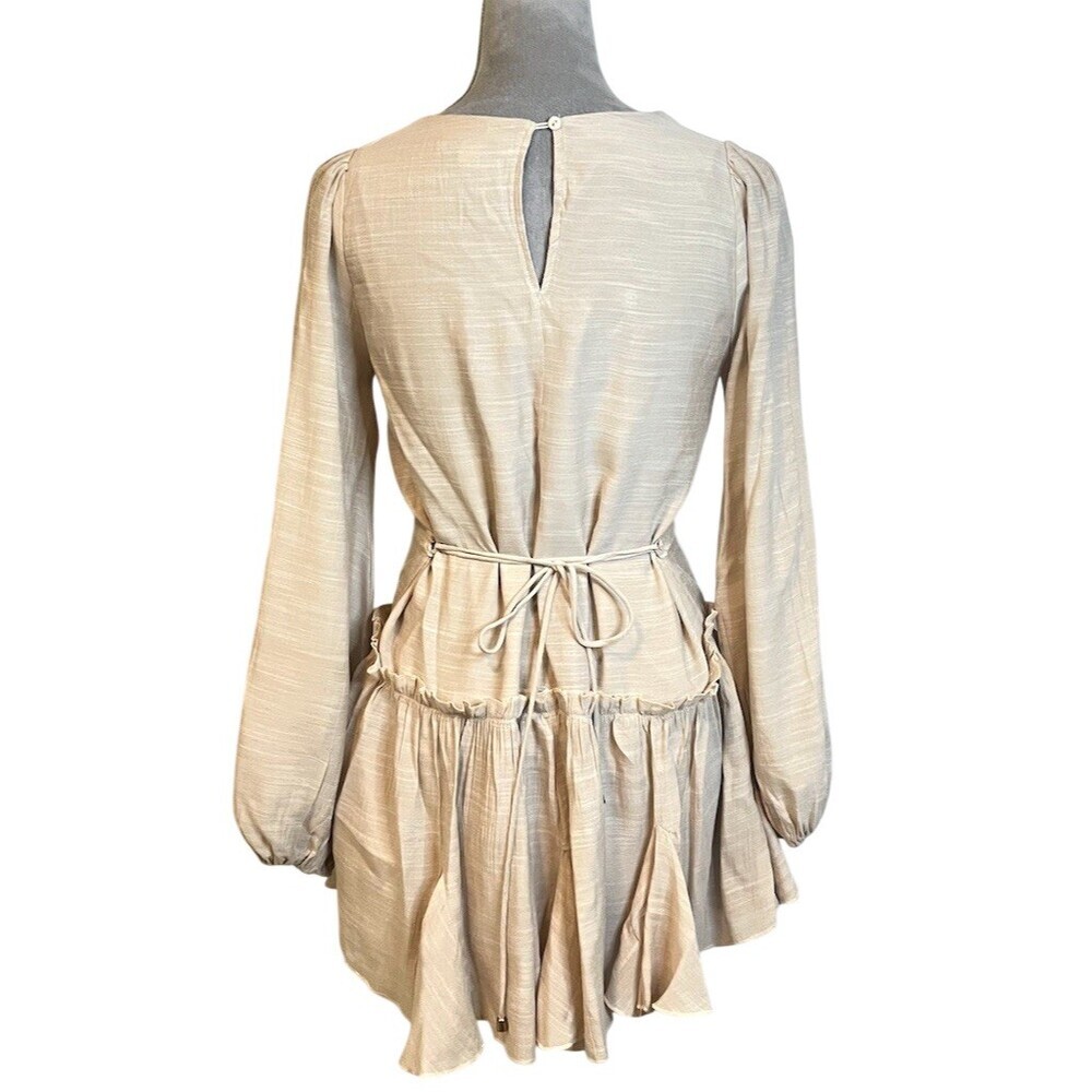 Y2k Beige Mini Tiered Layered Dress S Tie Waist Summer Spring Party - Picture 5 of 12